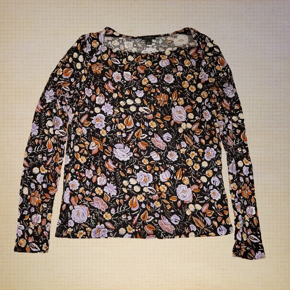 Ann Taylor Women's Medium Floral Print Blouse Black Multi Stretch - Picture 1 of 6